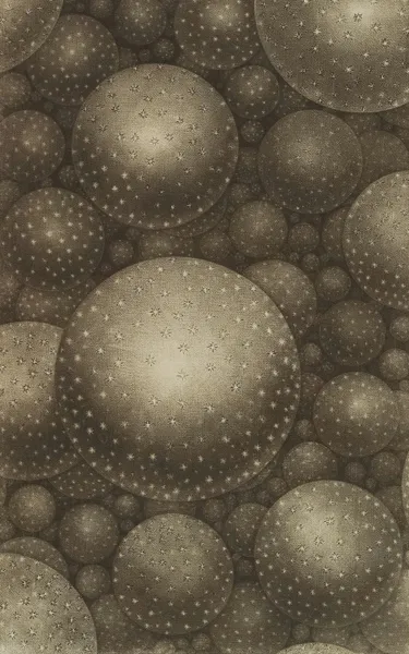 An abstract image containing grey shaded spheres with small stars on them.